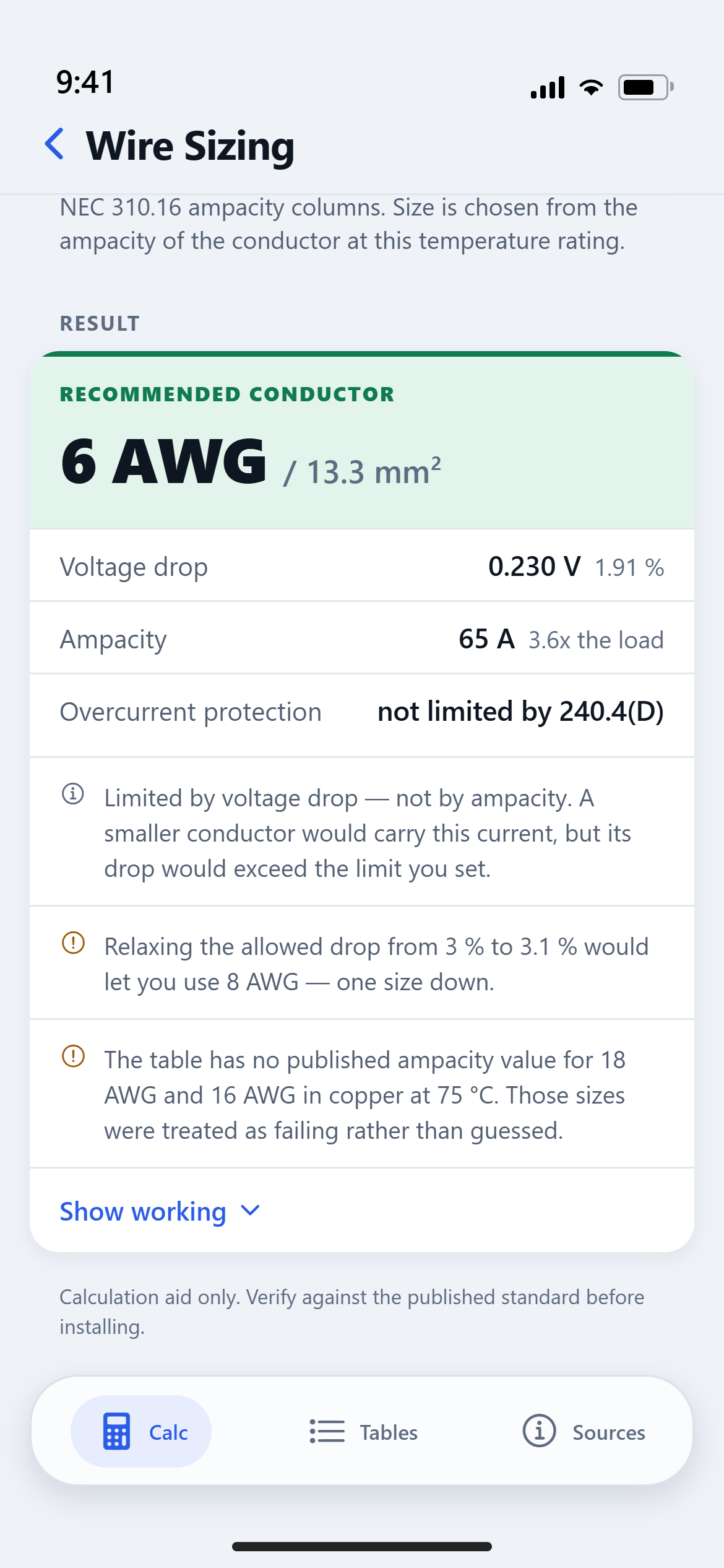 The wire sizing screen: inputs for current, distance and voltage, and a result showing a 6 AWG recommendation.