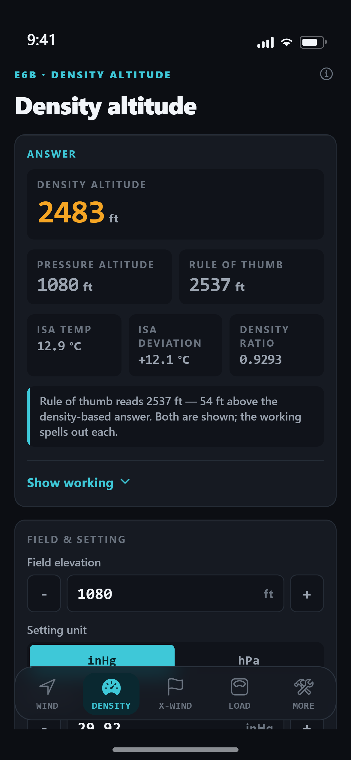 The Density Altitude screen in Flight Computer, dark appearance: a large amber 2,483 ft density-altitude readout above pressure altitude and the rule-of-thumb figure, the ISA row, a note explaining why the two answers differ by 54 ft, and the Show working control. The bottom tab bar reads WIND, DENSITY, X-WIND, LOAD and MORE, with DENSITY selected.